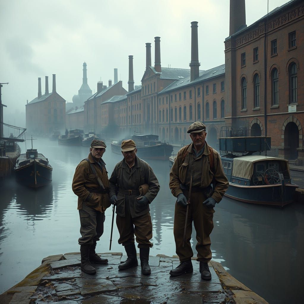 Workers on Canal Bank in Industrial Town, 19th Century