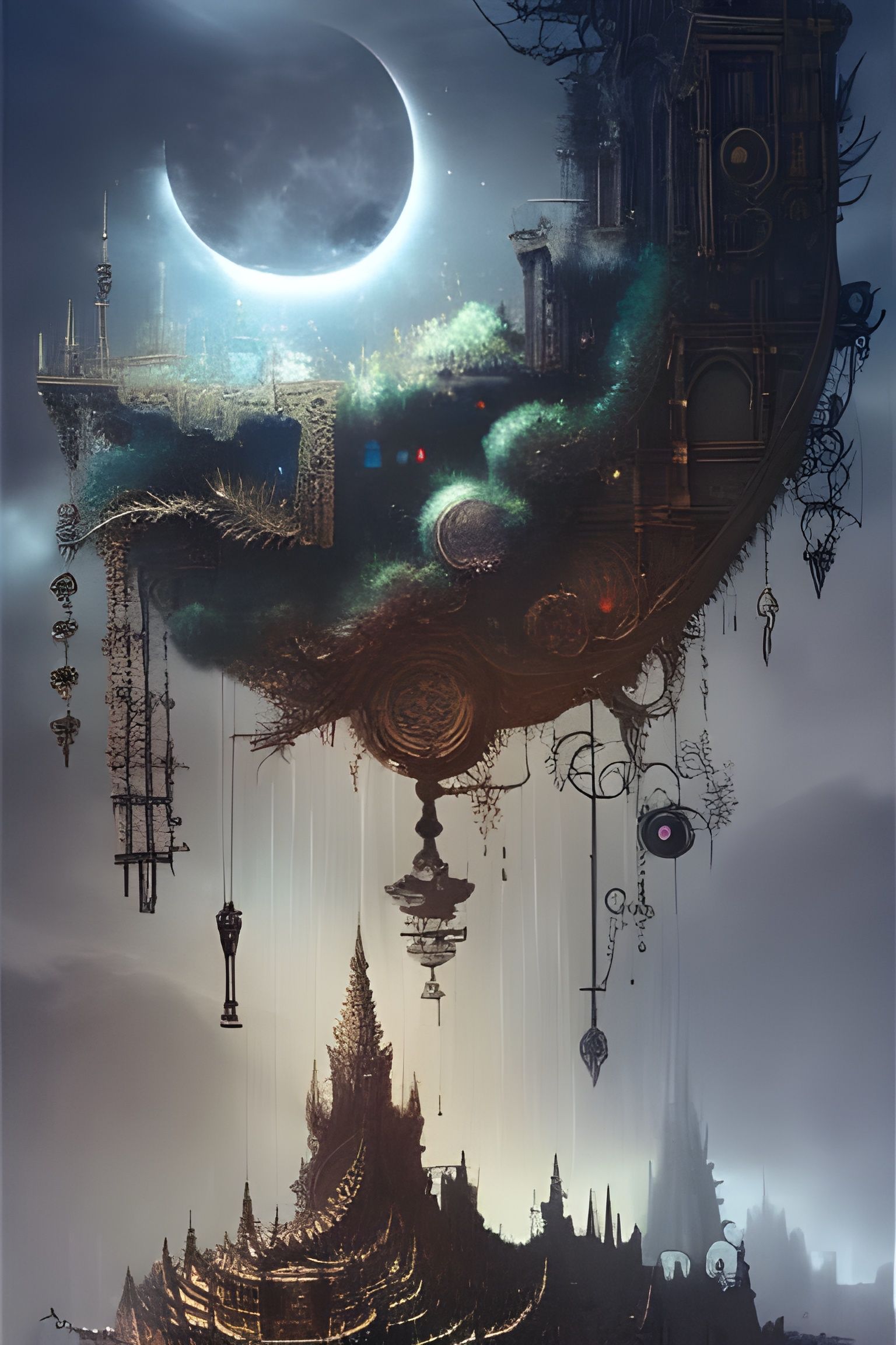 Clockpunk Moon with Bonsai Village in Detailed Sky