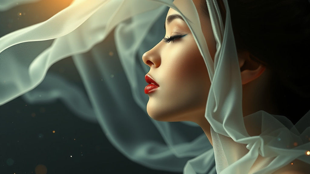 Ethereal Woman Portrait with Flowing Fabric in Art Nouveau S...