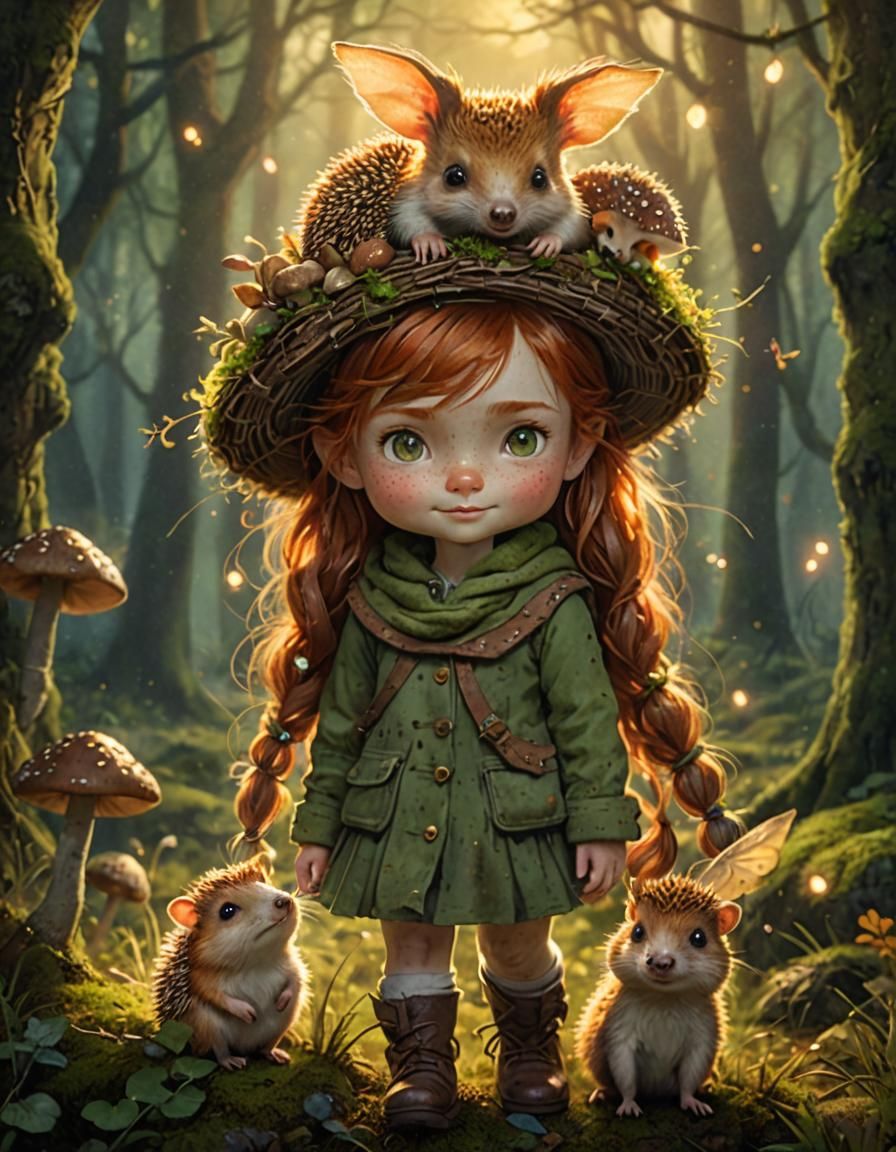 Redhead Girl with Hedgehog and Mushrooms, Fantasy Art