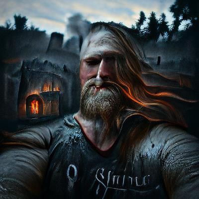 Viking Warrior in Stormy Landscape: Oil Painting
