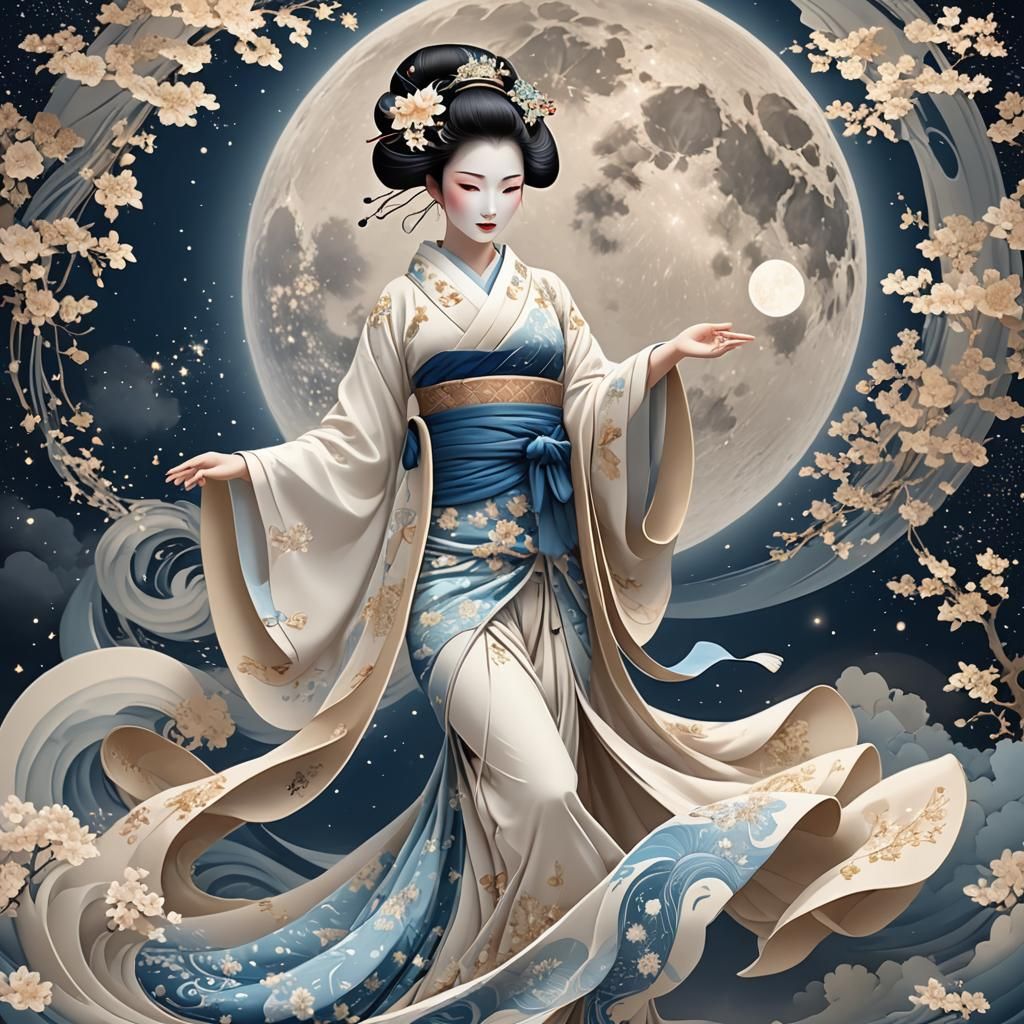 Geisha Performing Dunhuang Dance in Cyanotype Style