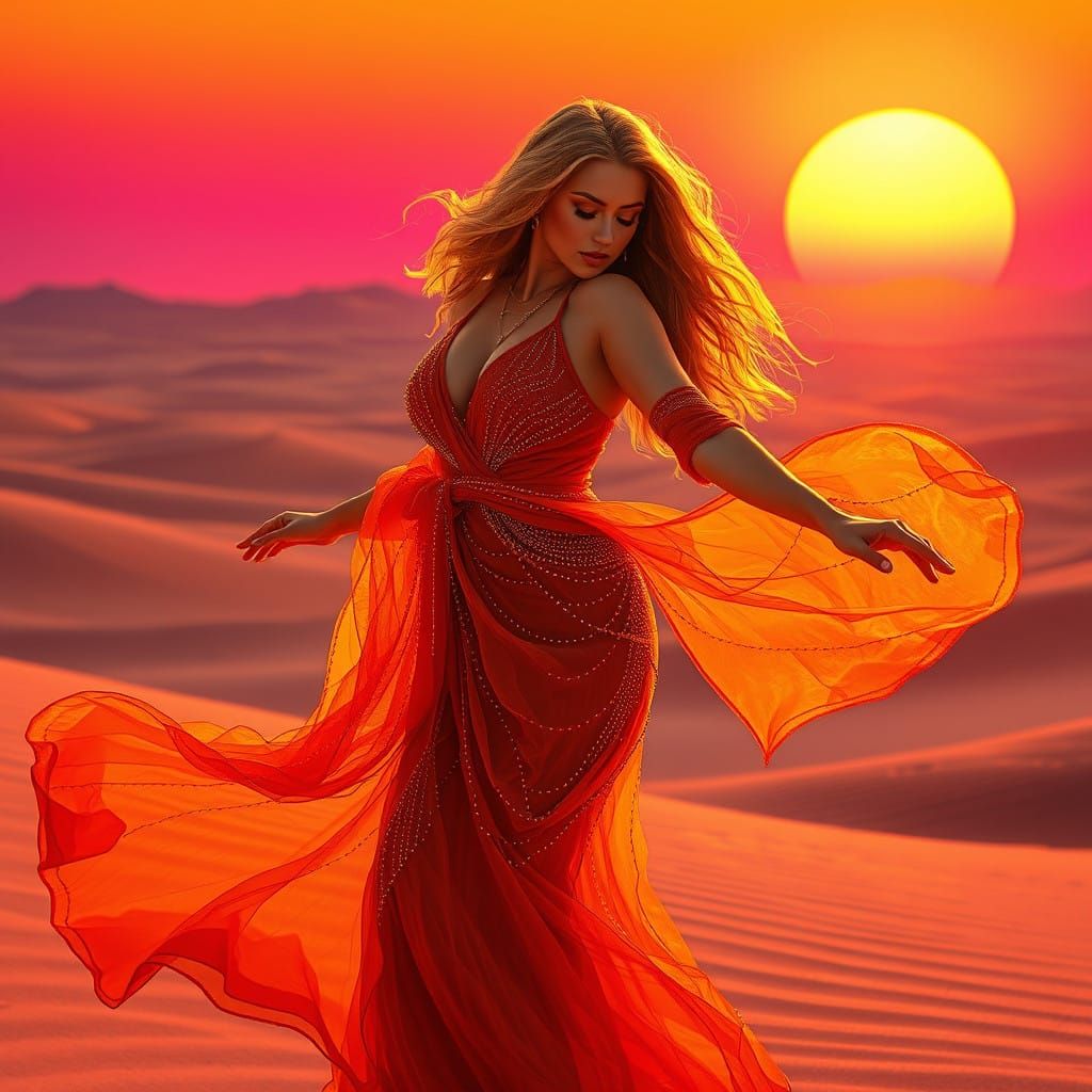 Ethereal Desert Goddess in Vibrant Sunset Glow