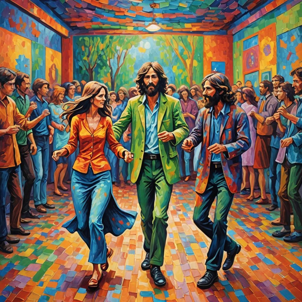 Groovy 60s Dance Party in Neo-Impressionist Style