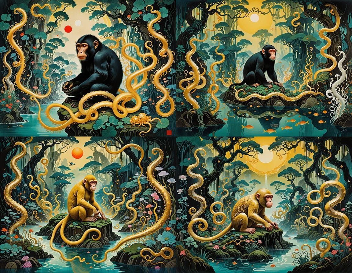 Bioluminescent Calamari in Shan Shui Style