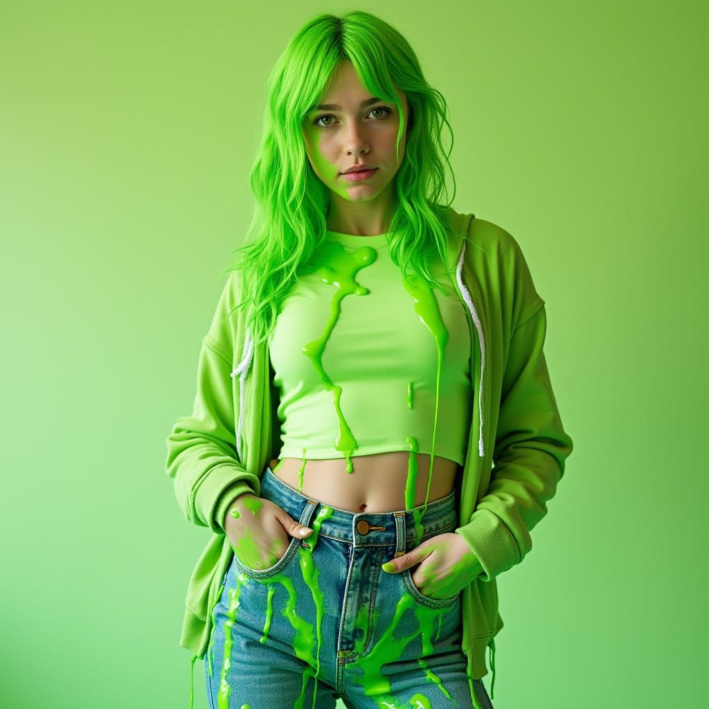 Neon Green Gunge Covers Woman in Whimsical, Retro Style