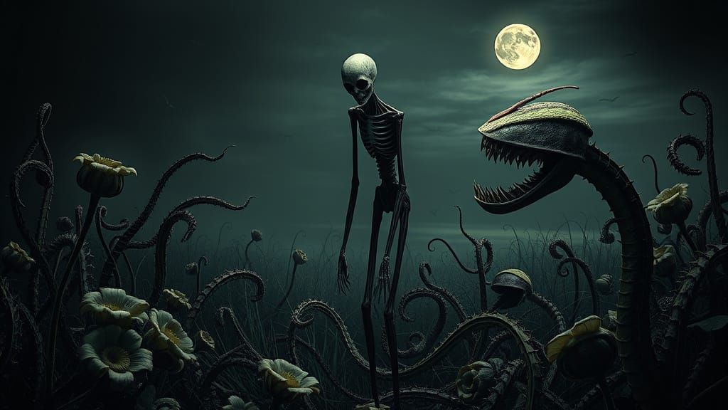 Slender Man Puppet in Eerie Biomechanical Garden