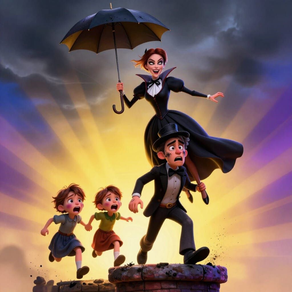 Evil Mary Poppins Descends from Stormy Skies