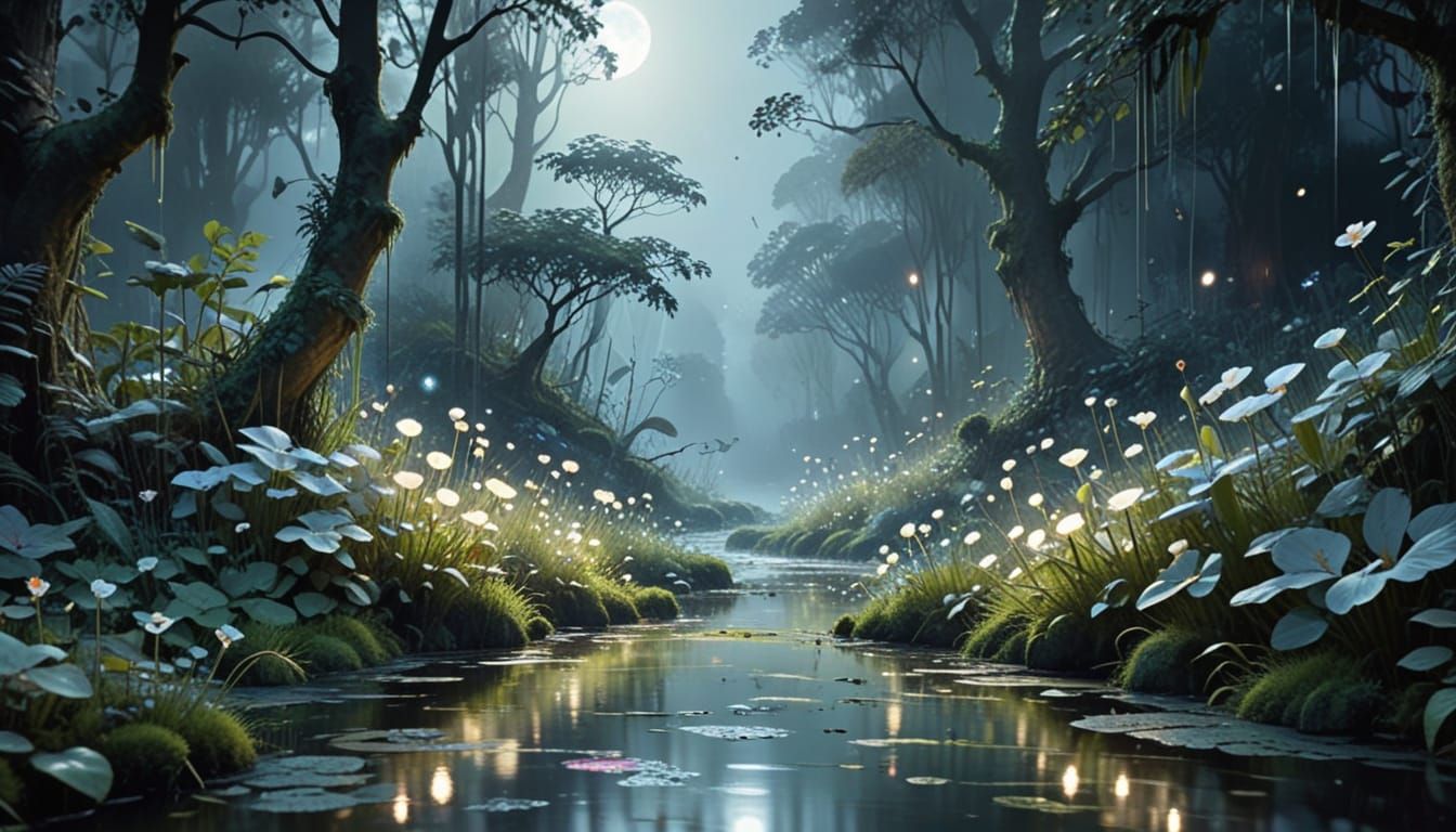 Moonlit Jungle Glade in Watercolour Style