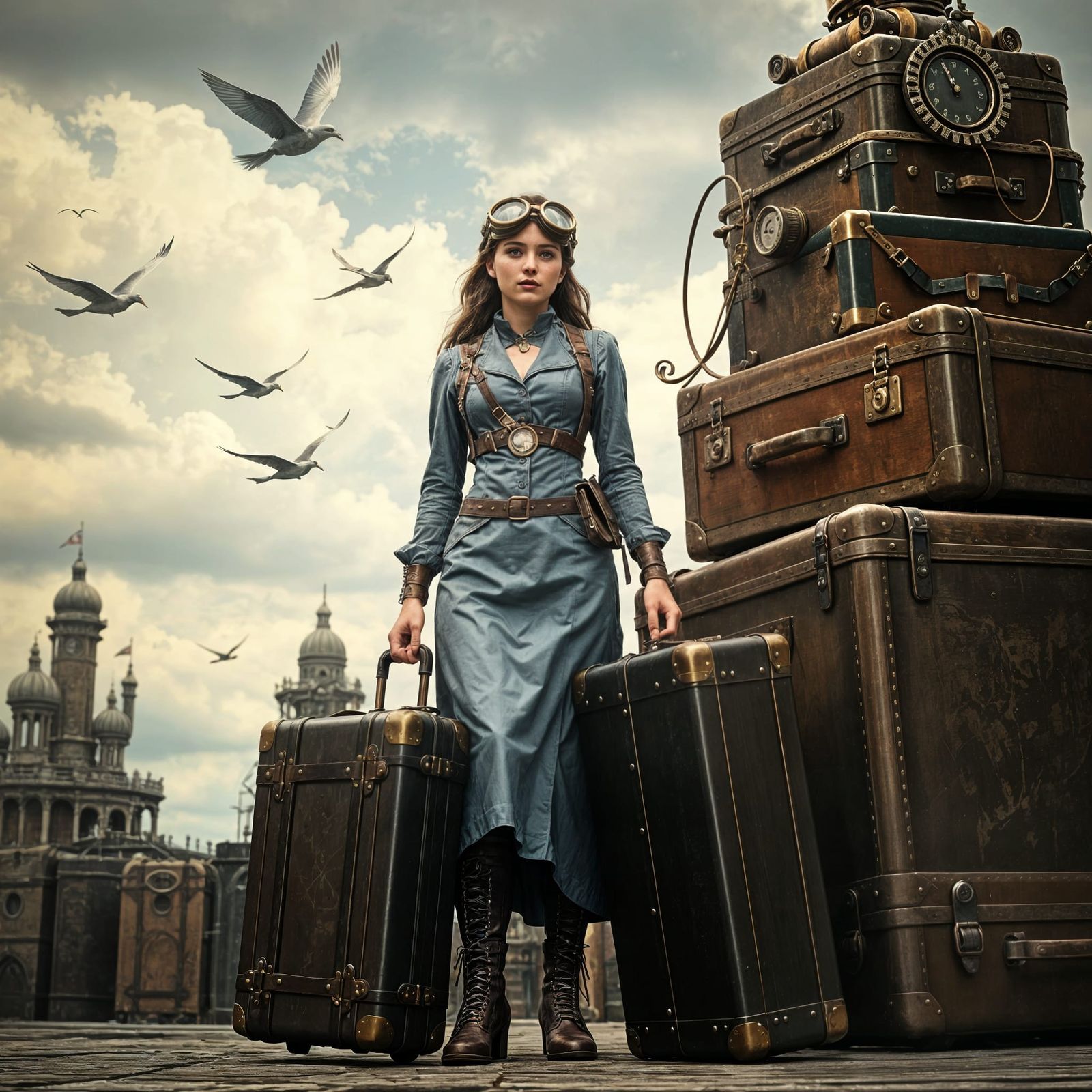 Steampunk Woman with Mechanical Luggage in Field