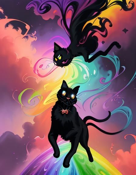 Tuxedo Cat Drives Rainbow Road: Expressionist Concept Art