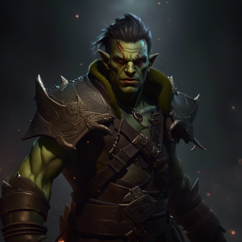 Young Half-Orc Warlock in Dark Fantasy Style