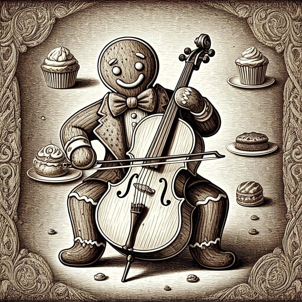 Gingerbread Cellist in Vintage-Inspired Black and White Art