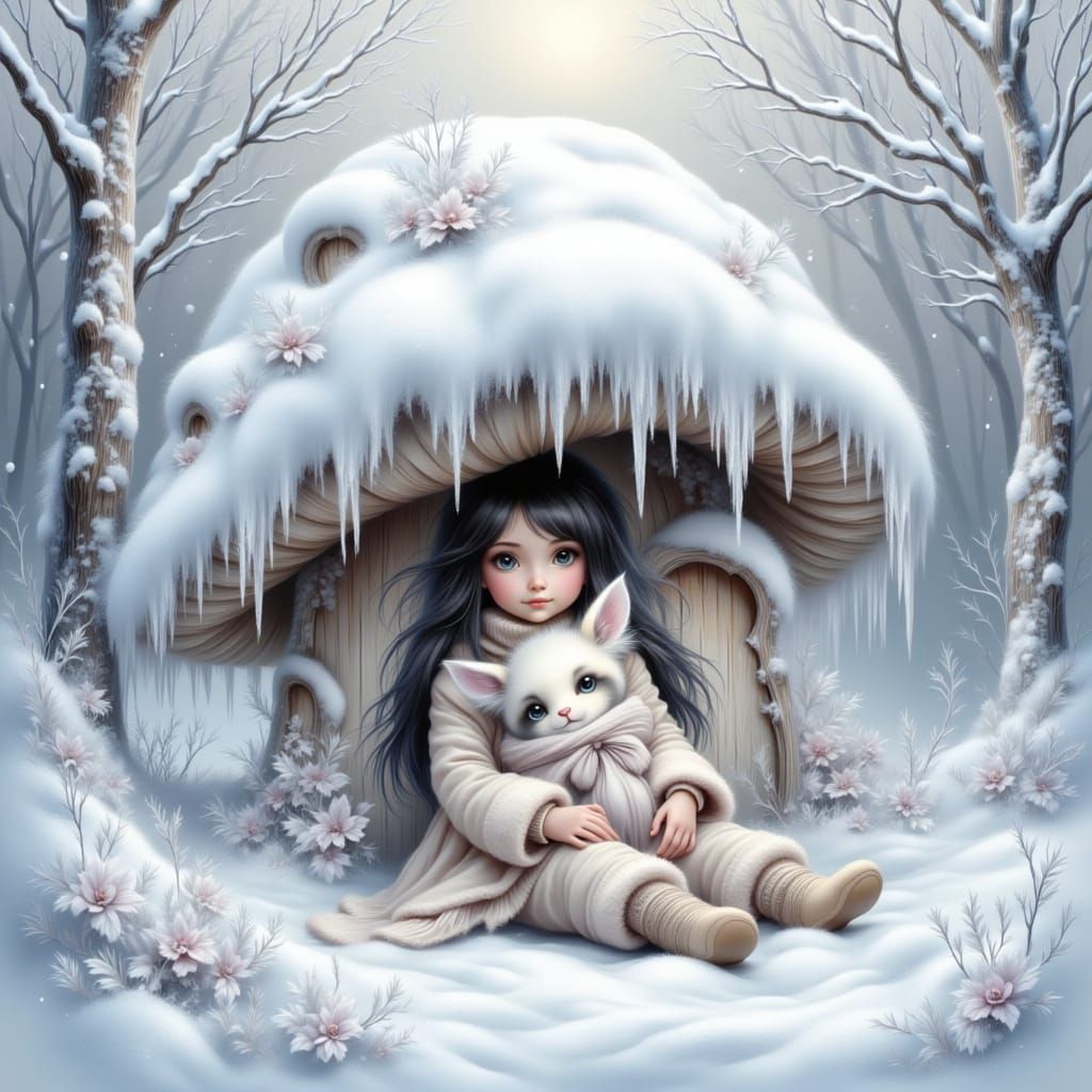 Girl and Fluffy Creature in Snowy Mushroom House