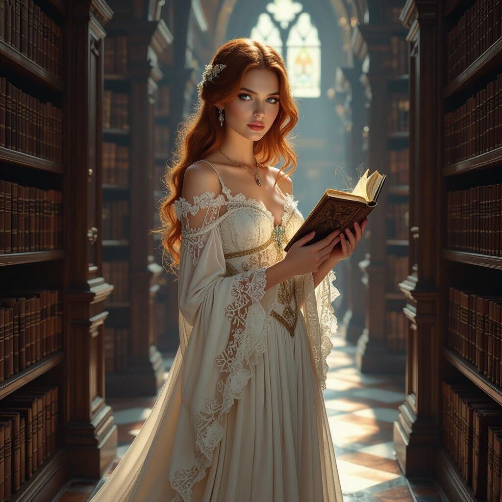 Auburn-Haired Woman in Library, Art Nouveau Style