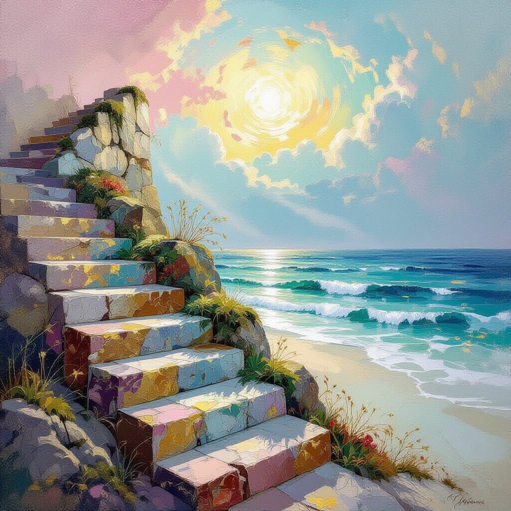 Metamodern Staircase Painting with Radiant Colors