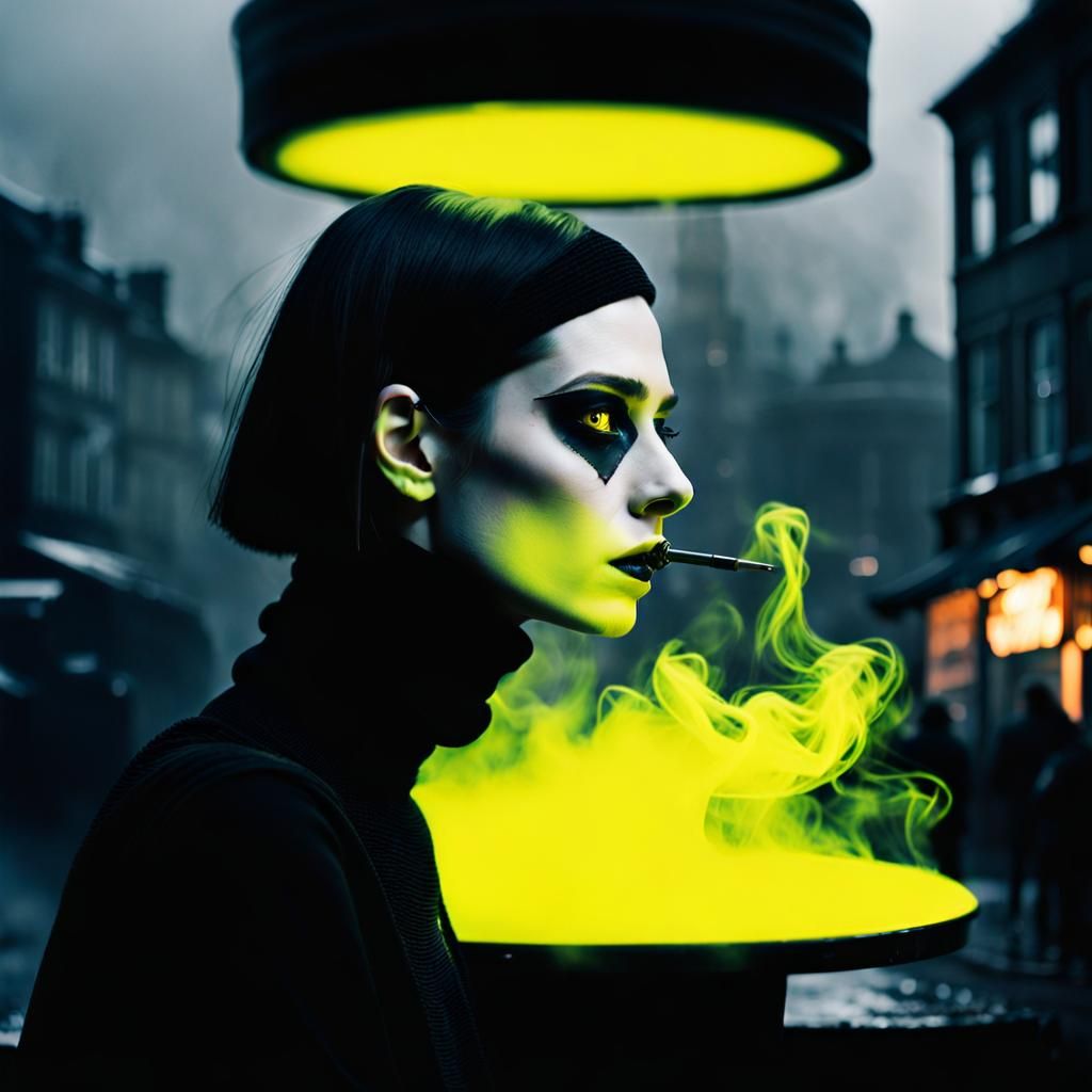 Goth Model in Neon-Lit Surrealist Cafe