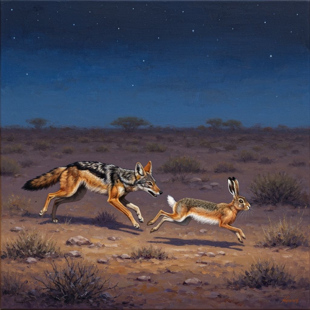 Black-Backed Jackal Hunting Hare: Impasto Oil Painting