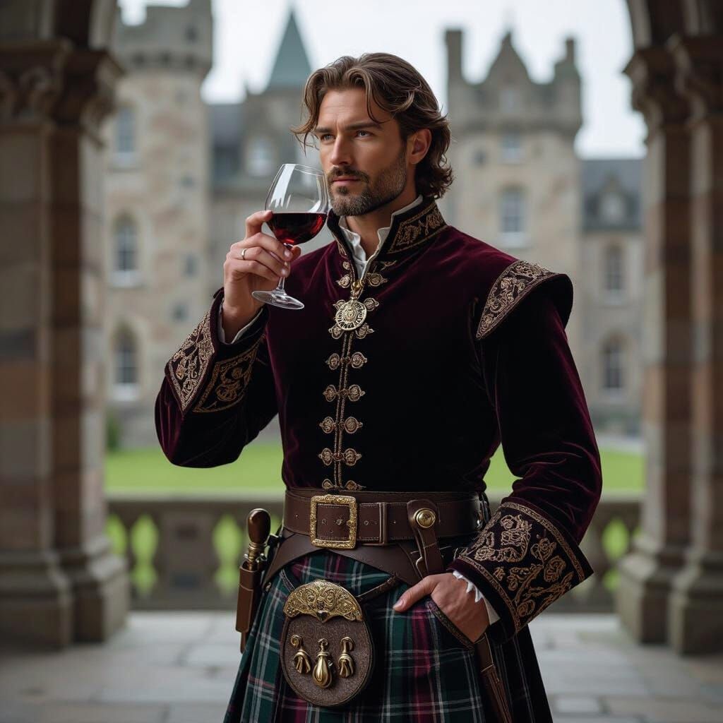 Man in Medieval Scotland Sips Wine in Castle