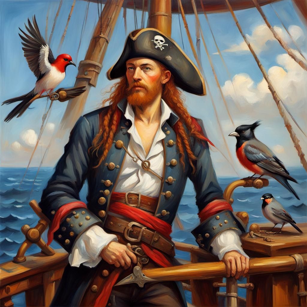 Pirate on Ship Deck in Oils, Vivid Palette