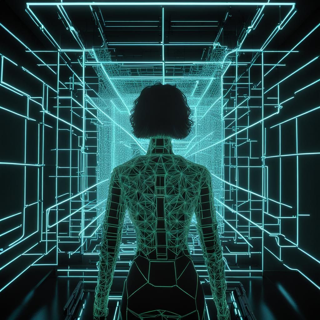 Neon Dataframe/Wireframe rear holographic projection of Elle...