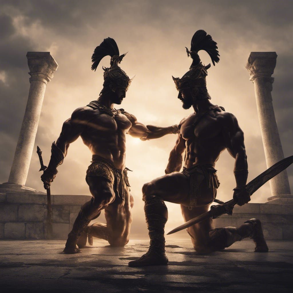 Kneeling Greek Warrior Silhouette in Dark Fantasy Art