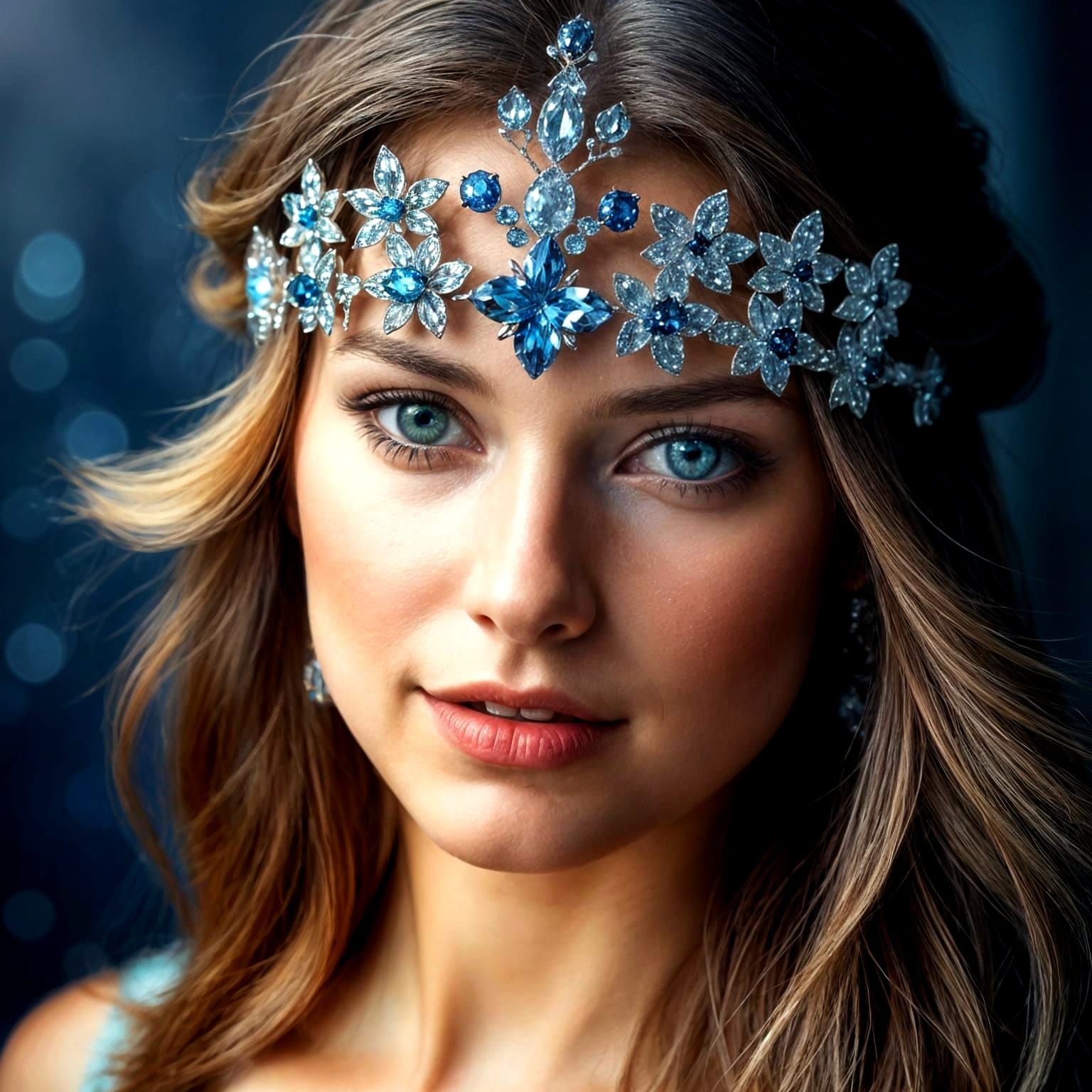 Elegant Woman with Gemstone Tiara in Soft Azure Hues