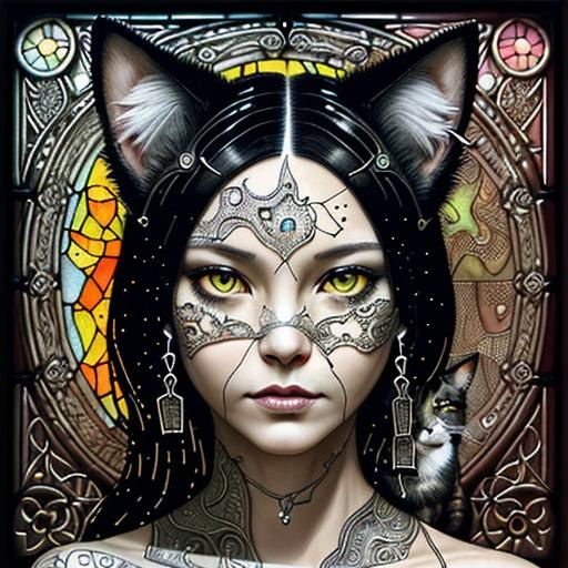 Surreal Cat Portrait in Mixed Media Style