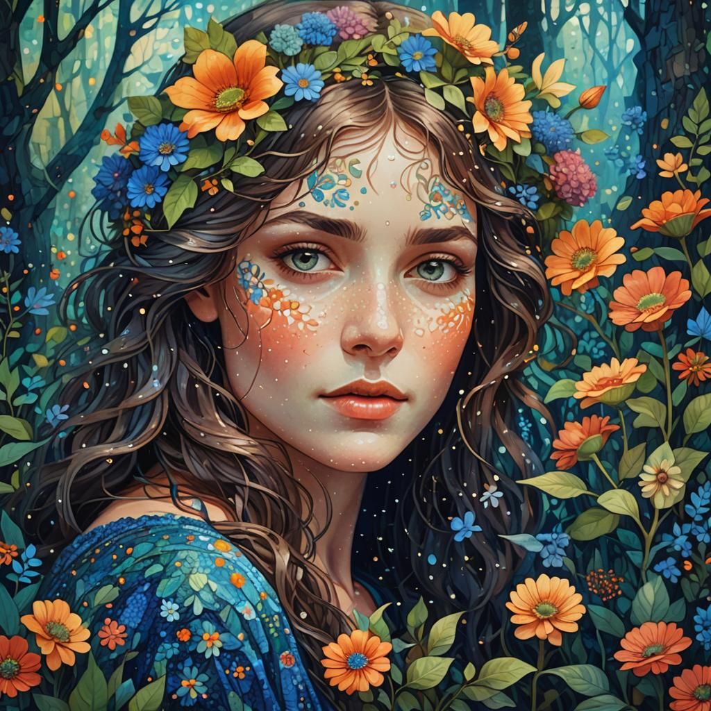 Pointillist Woman in Dreamy Forest, Fantasy Concept Art
