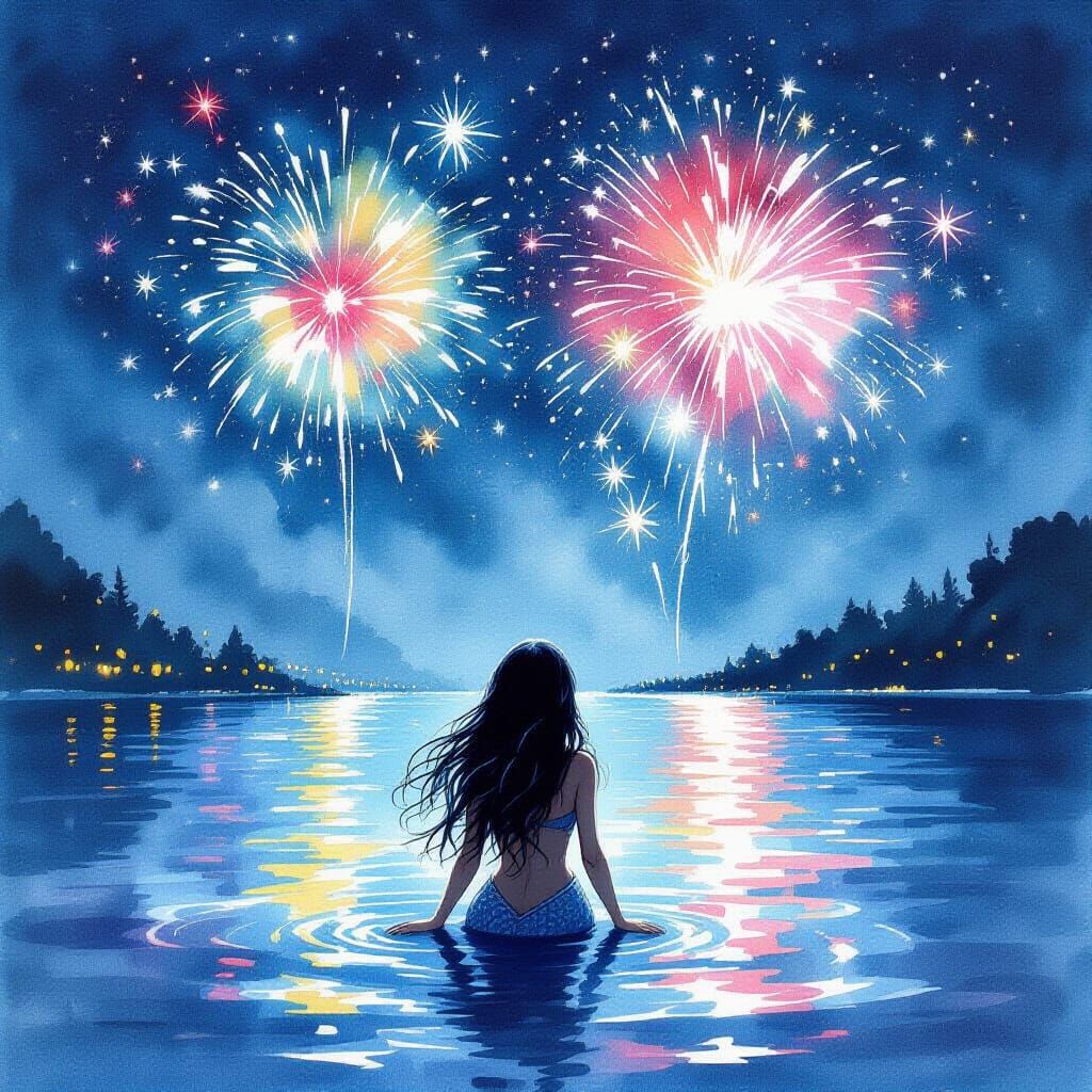 Mermaid Watches Night Fireworks in Watercolor Style