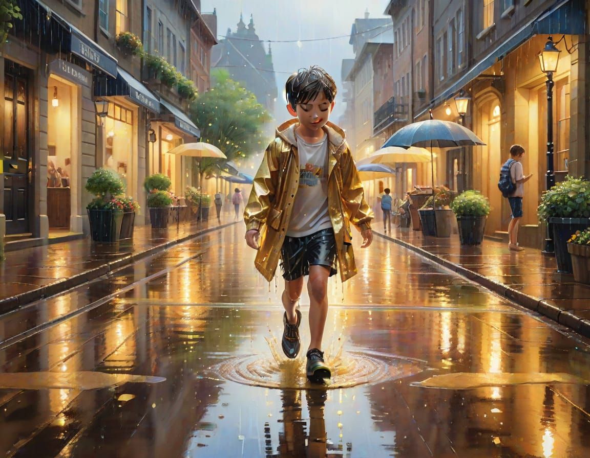 Childhood Joy: Summer Rain in Watercolor Style