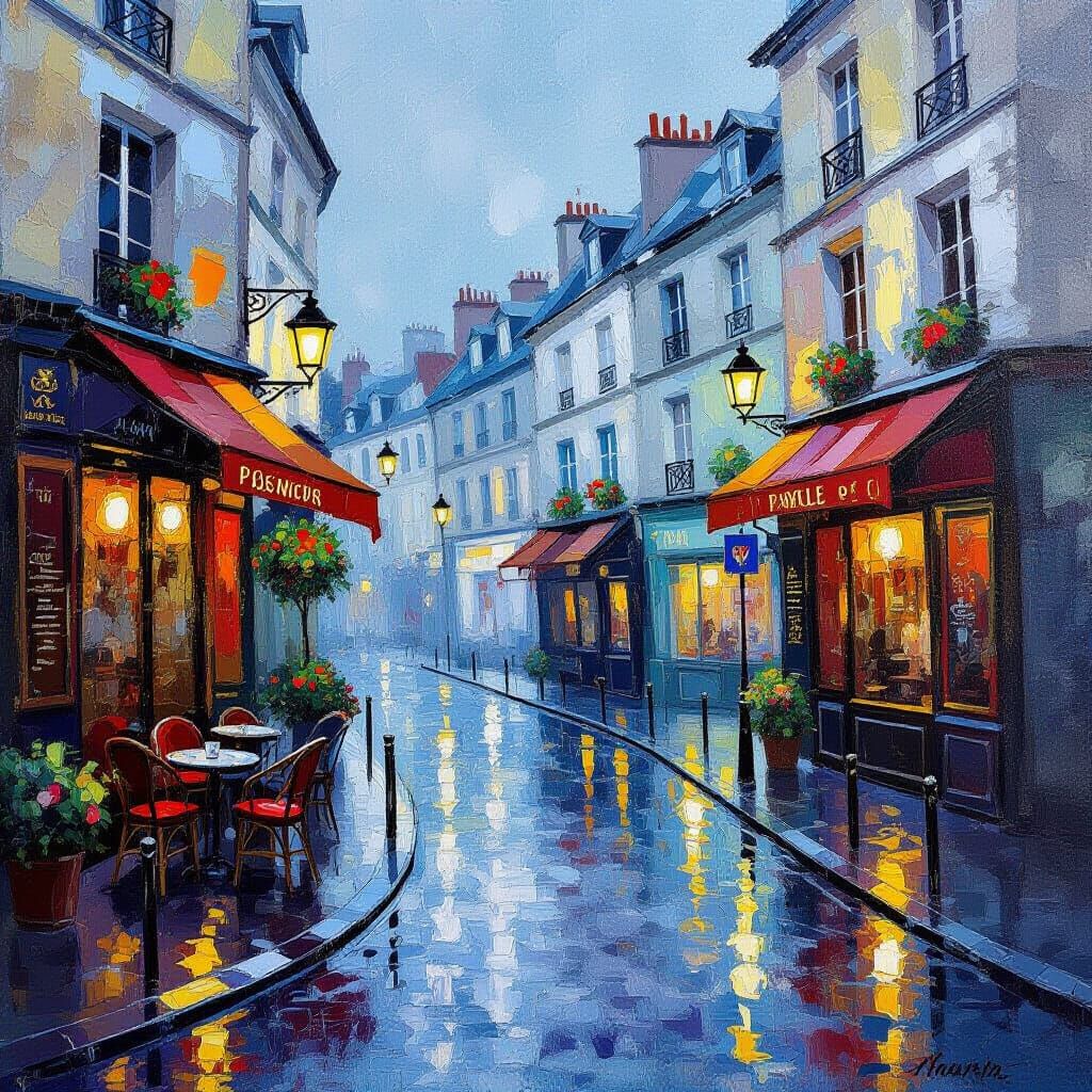 Rainy Parisian Street Scene in Impressionist Gouache Style