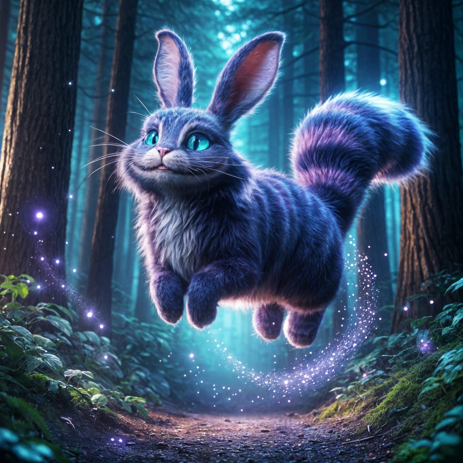 Surreal Cheshire Cat Rabbit in Magical Forest