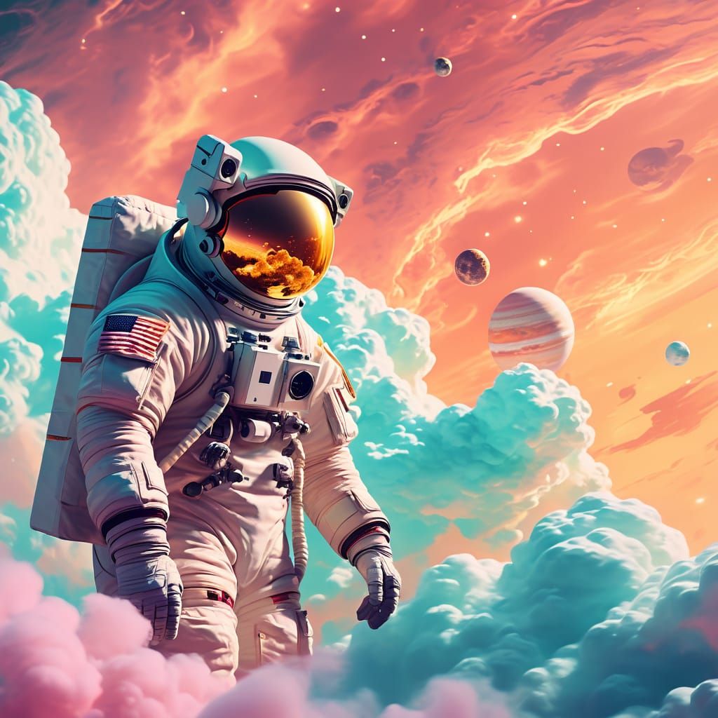 Floating Astronaut in Serene Cosmic Landscape