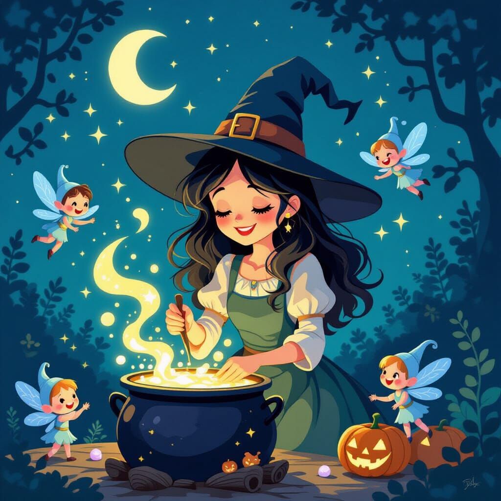 Whimsical Anime Witch Brewing Moonlight and Laughter