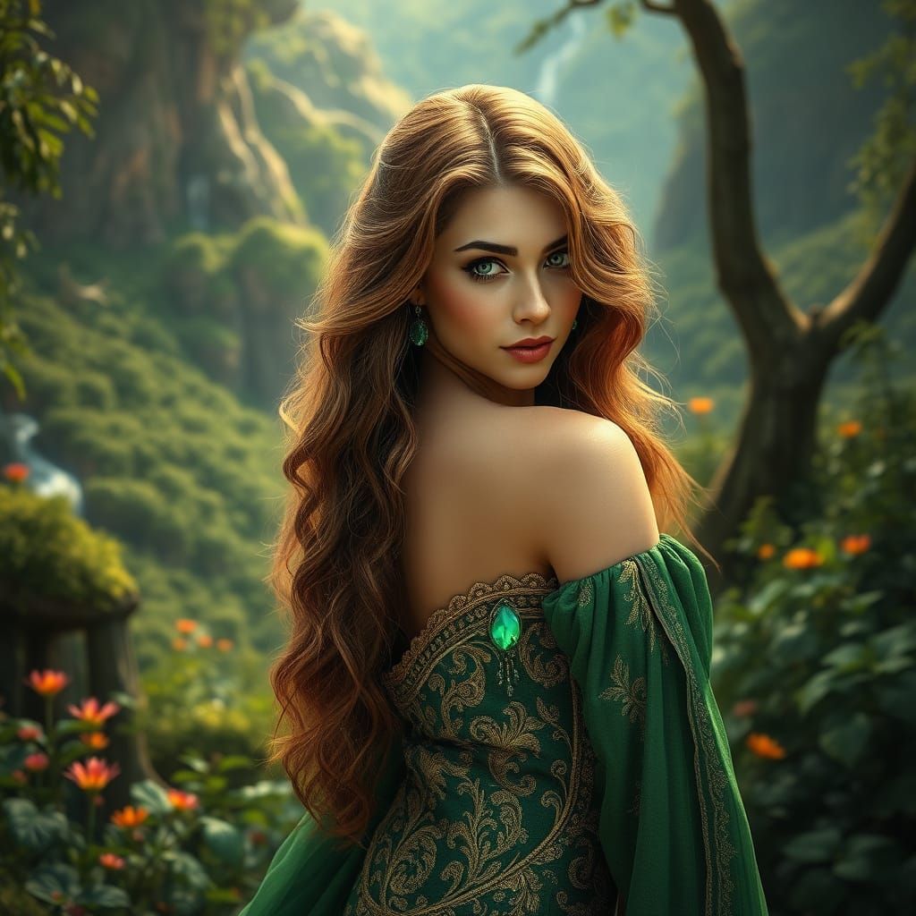 Nature Goddess in Vibrant Embroidered Dress, Emerald Jewelry...