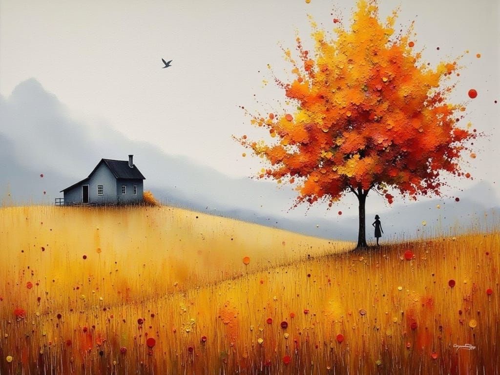 Surreal Autumn Landscape with Vibrant Orange Tree