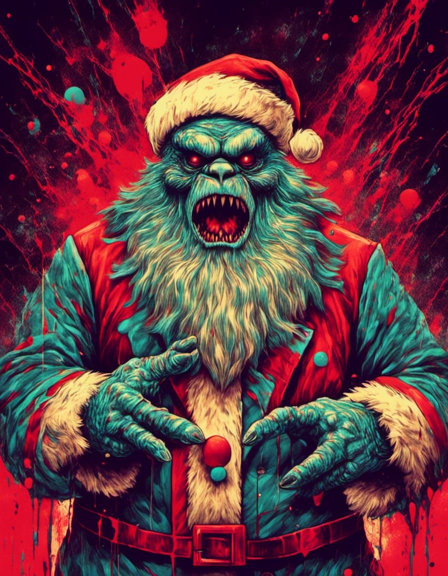 Godzilla Attacks Santa Claus in Pop Art Style