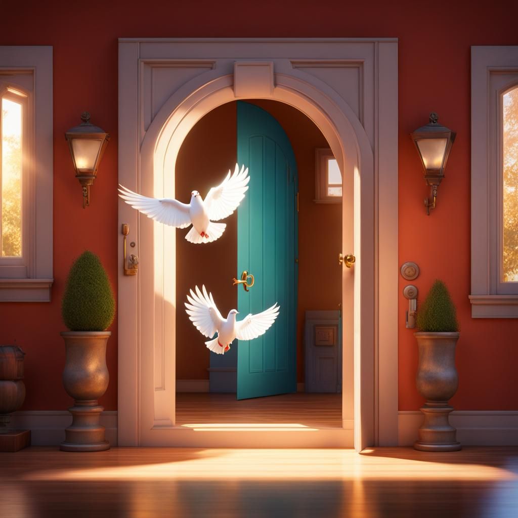 Cute Dove Opens Door: Pixar-Style 3D Digital Art
