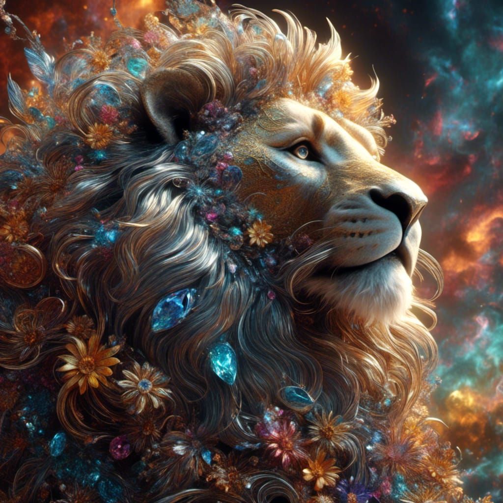 Glittering Fractal Lion in Ornate Surrealist Style
