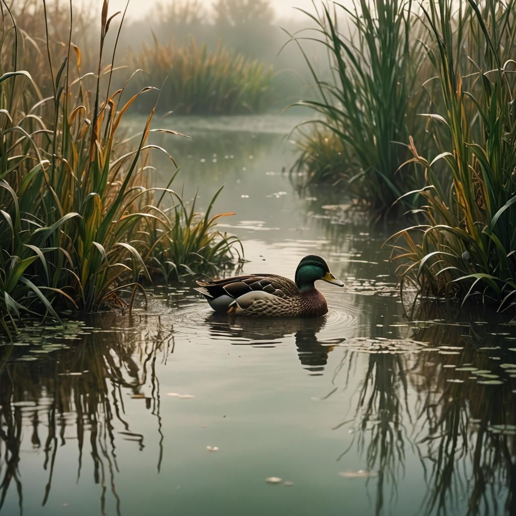 Duck in Misty Wetlands: Cinematic Film Still
