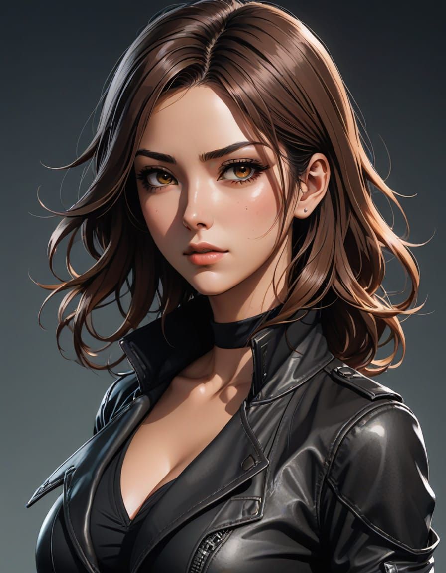 Stunning Cel-Shaded Anime Girl in Low-Cut Leather Outfit