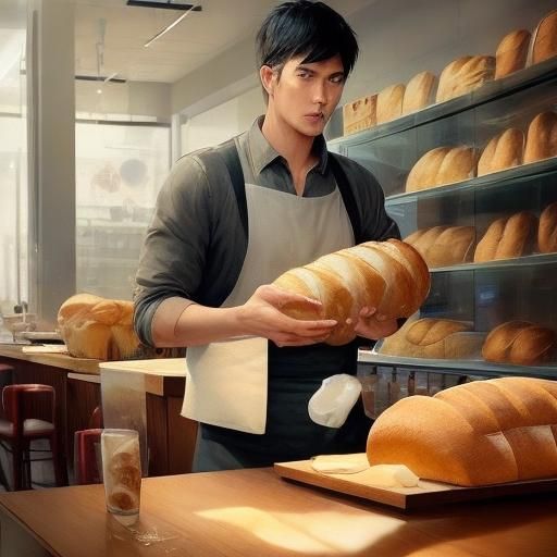 Man with Bread and Milk in Asian Bakery
