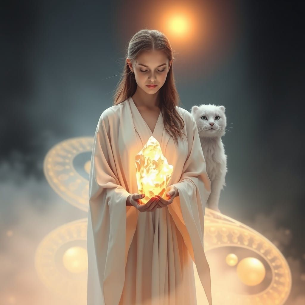 A Young Woman Holds a Glowing Resonanzkern Fragment in a Dre...