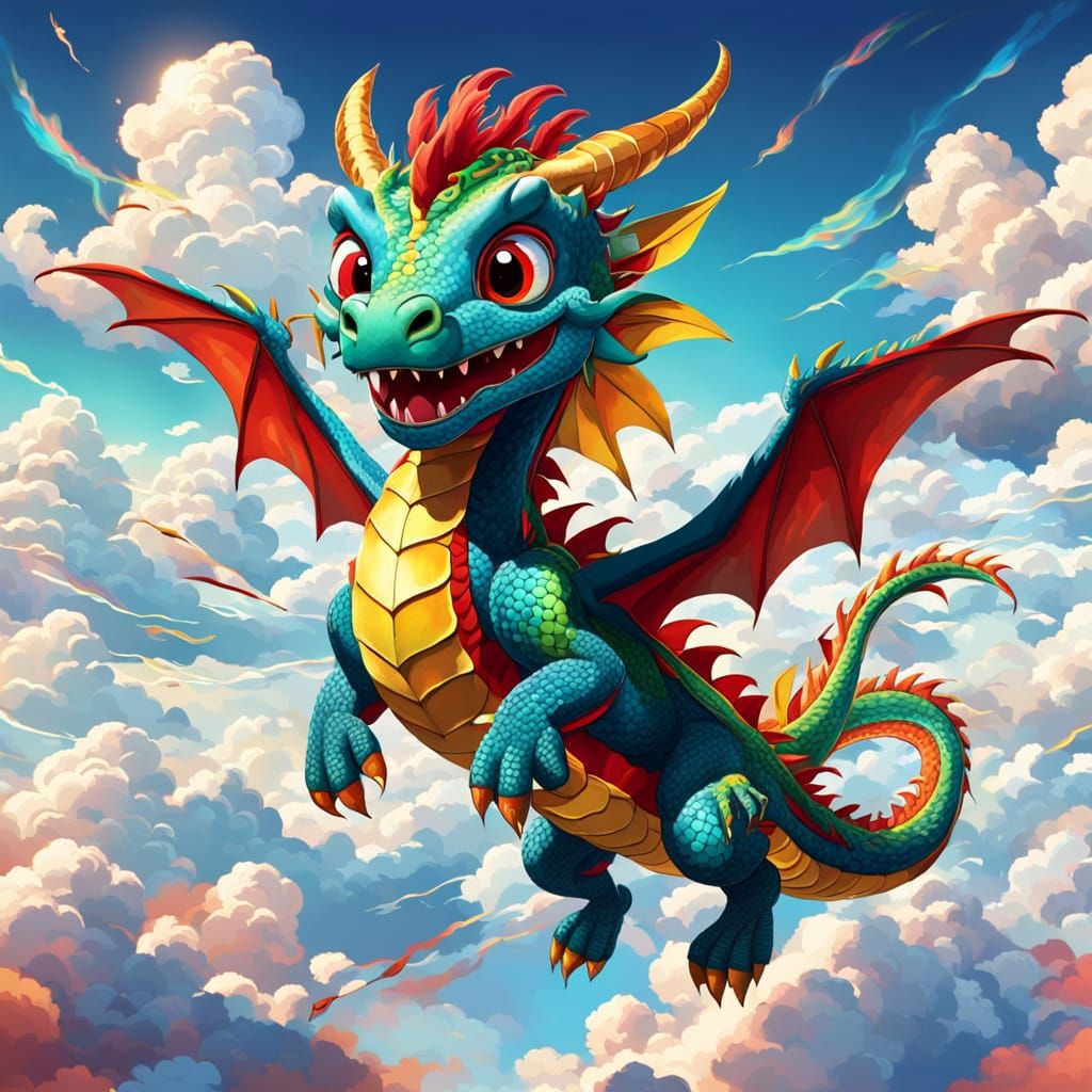 Cartoon Dragon in a Whimsical Sky