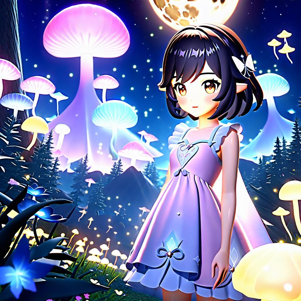 Fantasy Anime Tiefling in Moonlit Forest