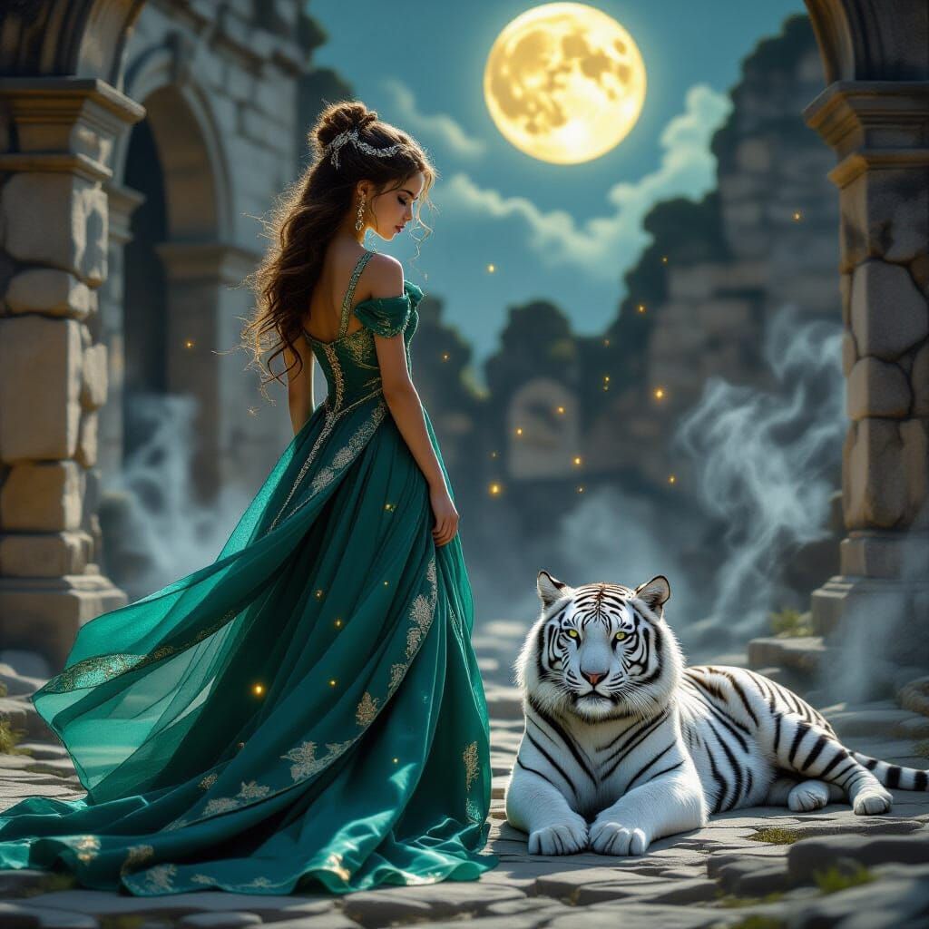 Emerald Gown Girl with White Tiger Under Full Moon