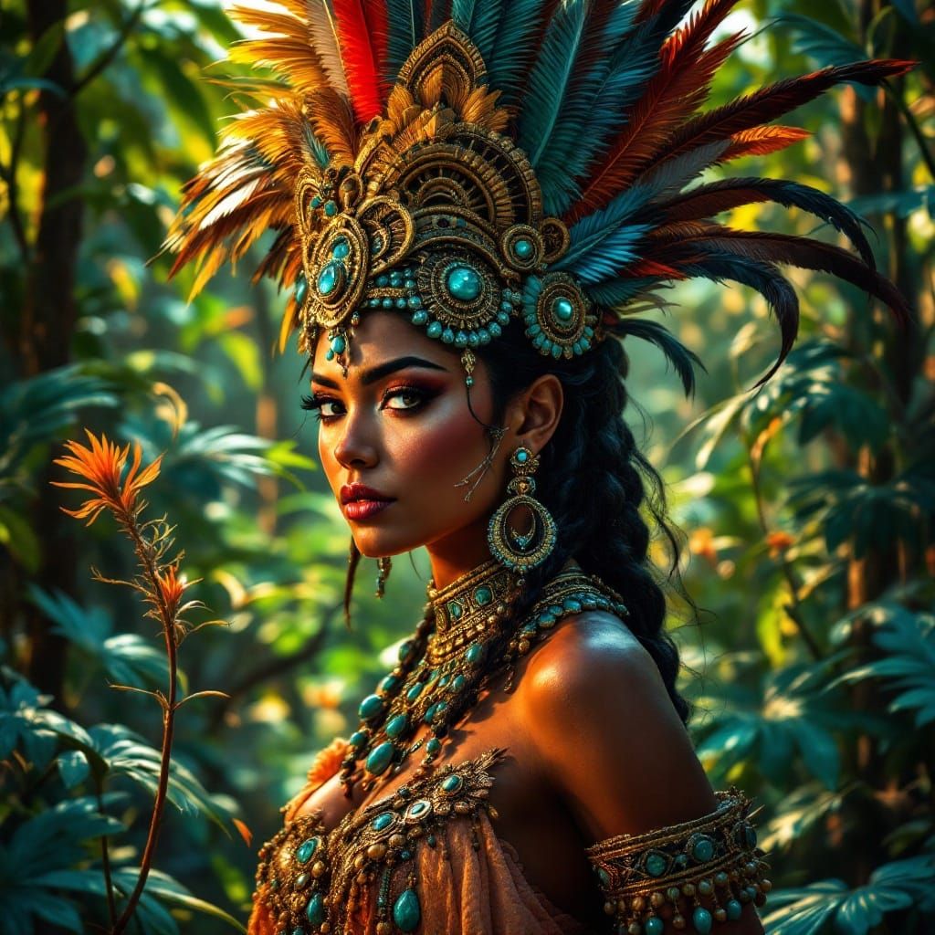 Regal Aztec Warrior Queen in Vibrant Jungle Setting