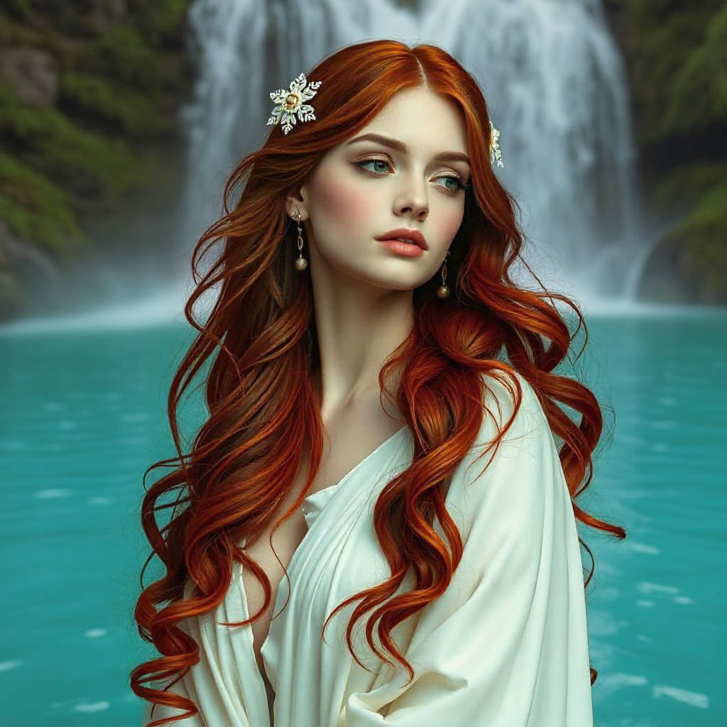 Goddess with Flowing Red Hair in Art Nouveau Style