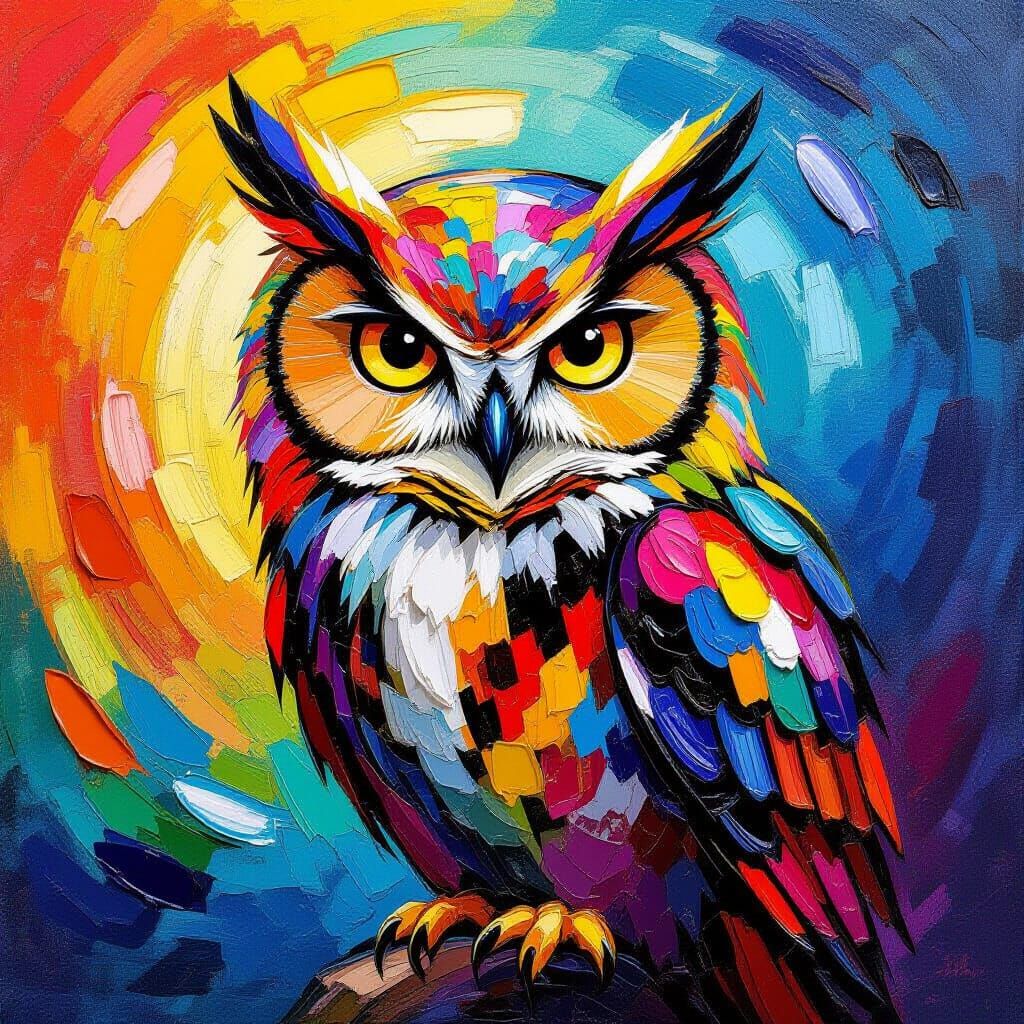 Vibrant Rainbow Owl in Textured Impasto Style